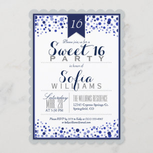 Invitation Silver Grey, Blanc, Navy Blue Sweet 16 Party