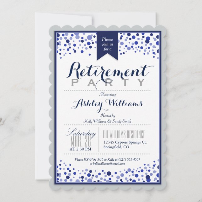 Invitation Silver Grey, Blanc, Parti de retraite bleu marine (Devant)