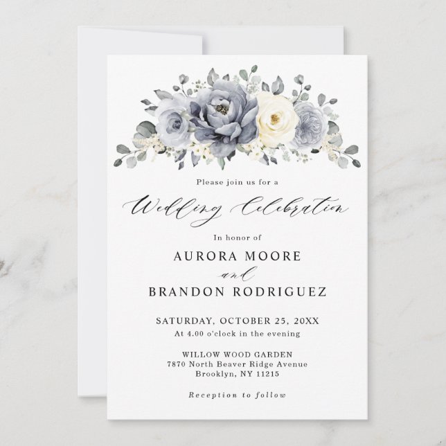 Invitation Silver Grey Ivory Floral hiver Rustique Mariage (Devant)