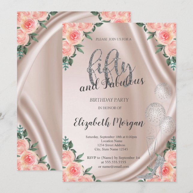 Invitation Silver High Heels Rose 50e anniversaire fête (Devant / Derrière)