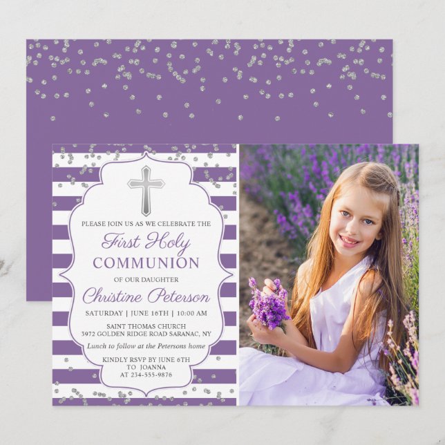 Invitation Silver Lavender Purple Photo First Holy Communion (Devant / Derrière)