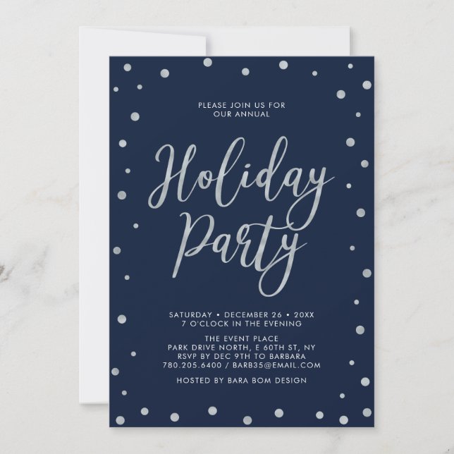 Invitation Silver & Marine Blue Confetti Fête de Vacances Con (Devant)