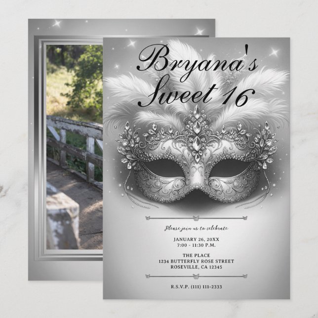 Invitation Silver Masquerade Sweet 16 Photo Anniversaire (Devant / Derrière)
