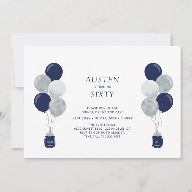 Invitation Silver & Navy Balloon moderne Adulte fête d'annive (Devant)