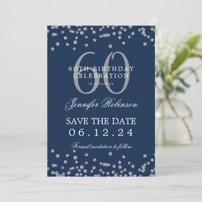 Invitation Silver Navy Blue 60th Birthday Save Date Confetti (Debout devant)