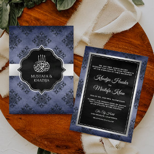 Invitation Silver Navy Blue Black Damask Mariage musulman