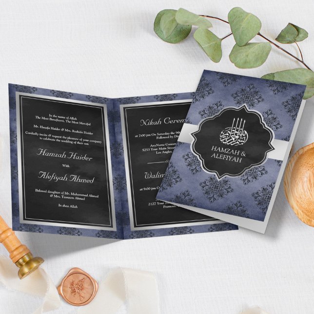 Invitation Silver Navy Blue Black Damask Mariage musulman (Créateur téléchargé)