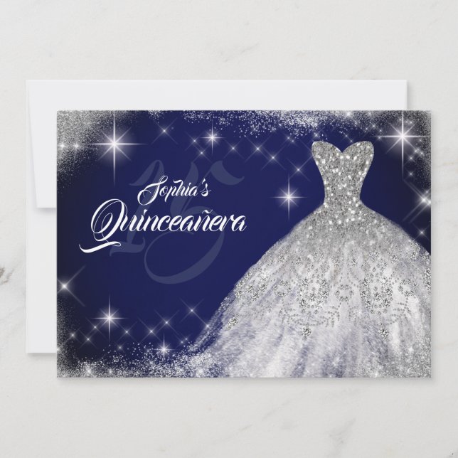 Invitation Silver Navy Blue Lace Diamond Gown Quinceanera (Devant)