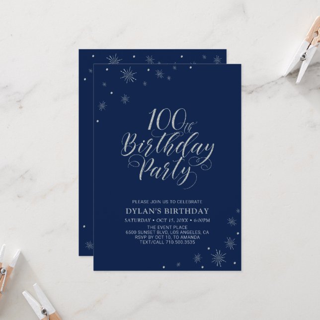 Invitation Silver & Navy Blue Sparkle 100e fête d'anniversair (Devant/Arrière en situation)
