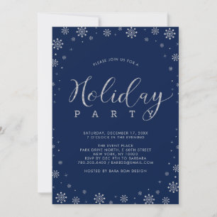 Invitation Silver & Navy Fête de Noël aux flocons de neige