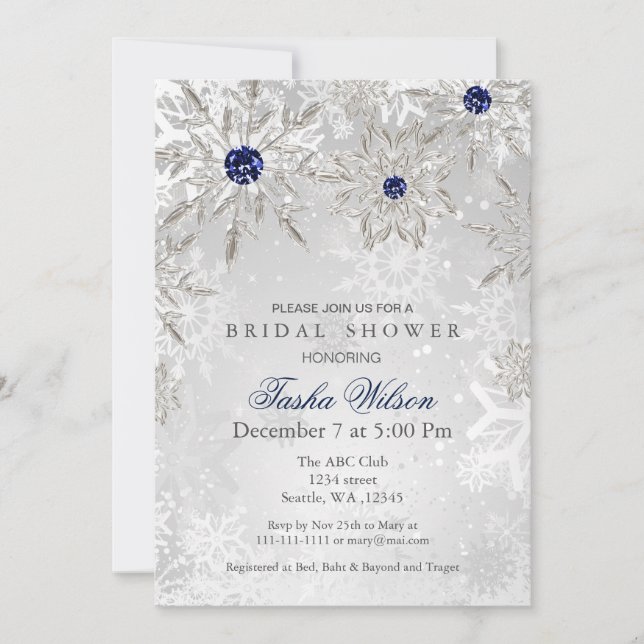 Invitation Silver Navy Snowflakes Fête des mariées d'hiver In (Devant)