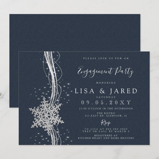 Invitation Silver Navy Snowflakes Winter Engagement Party (Devant / Derrière)