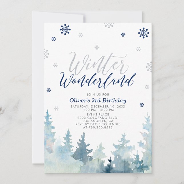 Invitation Silver & Navy Winter Wonderland Boy Birthday Party (Devant)