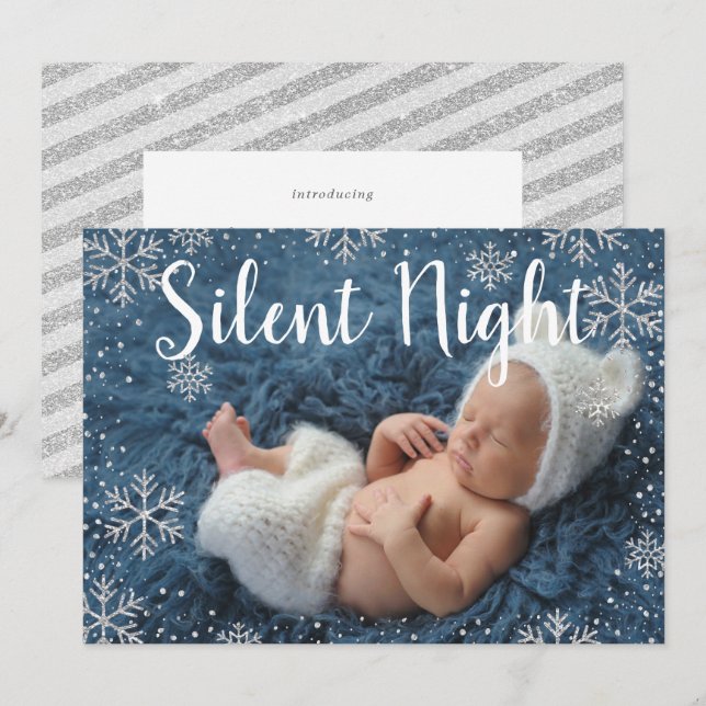 Invitation Silver Night Silver Snowflakes Naissance du bébé d (Devant / Derrière)