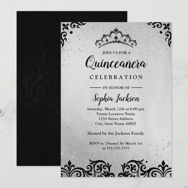 Invitation Silver noir Tiara Damask Quinceanera (Devant / Derrière)