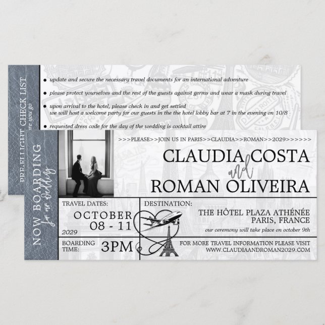Invitation Silver Paris Mariage Boarding Pass (Devant / Derrière)