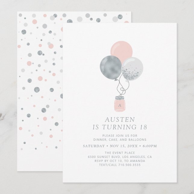 Invitation Silver & Pink Balloons Moderne 18e fête d'annivers (Devant / Derrière)