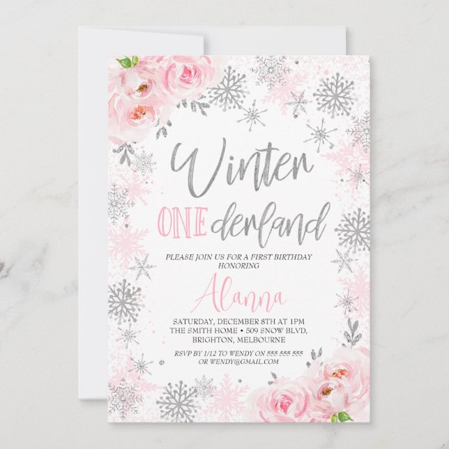 Invitation Silver Pink Snowflakes Hiver Onederland Anniversai (Devant)