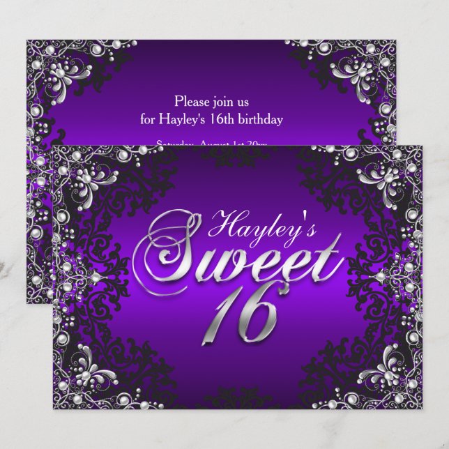 Invitation Silver Purple Black Pearl Damask Sweet 16 Invitati (Devant / Derrière)