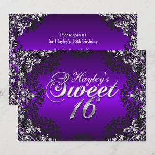 Invitation Silver Purple Black Pearl Damask Sweet 16 Invitati