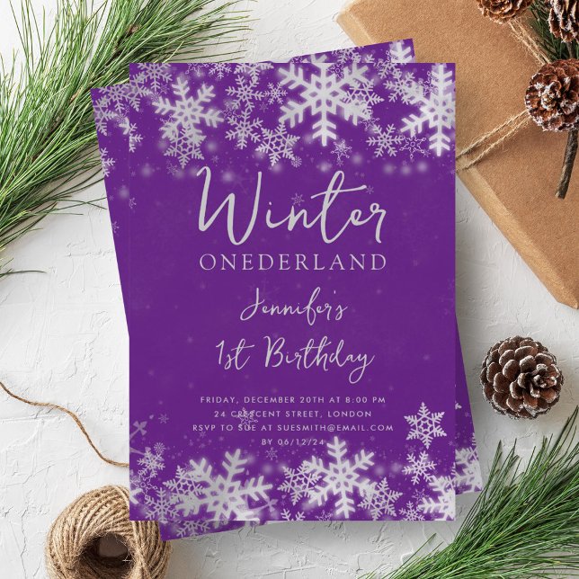 Invitation Silver Purple Winter ONEDERLAND 1er anniversaire (Silver Purple Winter ONEDERLAND 1st Birthday Invitation)