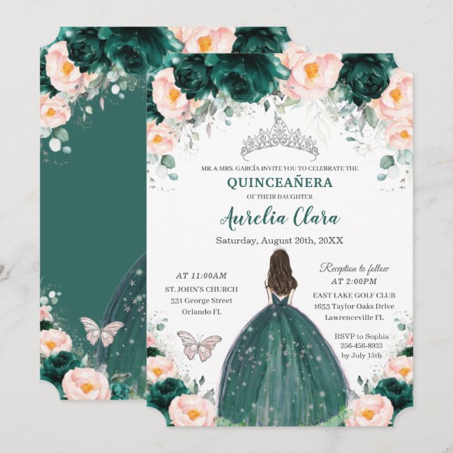 Invitation Silver Quinceañera Emerald Blush Floral Princess (Devant / Derrière)