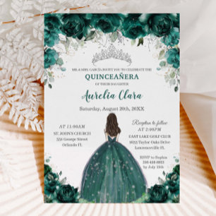 Invitation Silver Quinceañera Emerald Green Floral Princesse