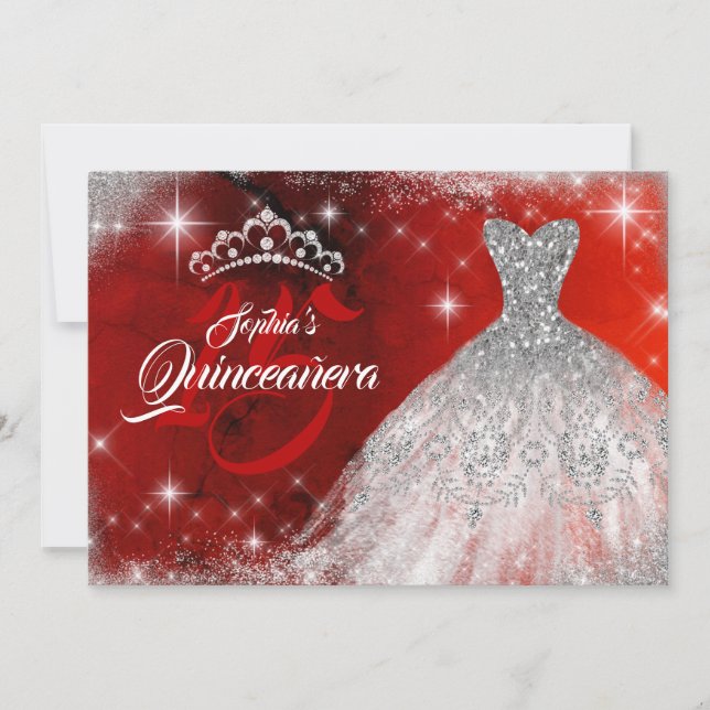 Invitation Silver Red Lace Diamond Gown Tiara Quinceanera (Devant)