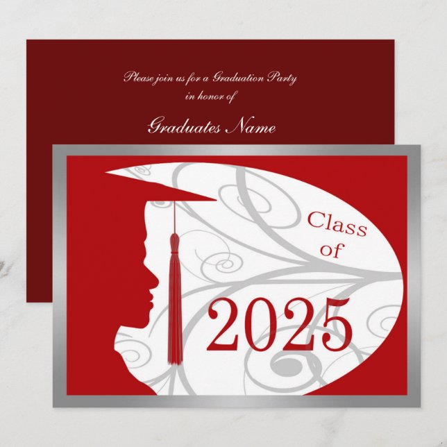 Invitation Silver & Red Man Silhouette 2025 Graduation Party (Devant / Derrière)
