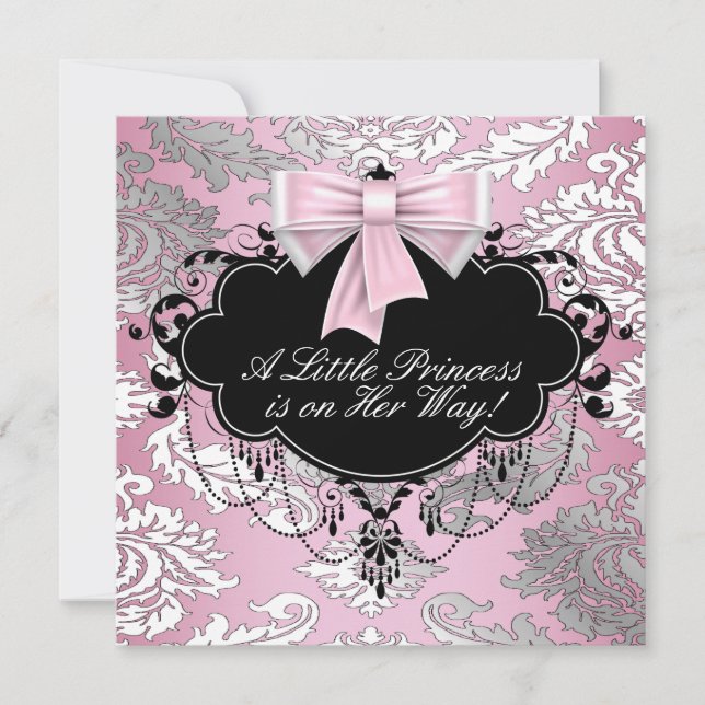 Invitation Silver rose et noir Princesse Baby Girl Douche (Devant)