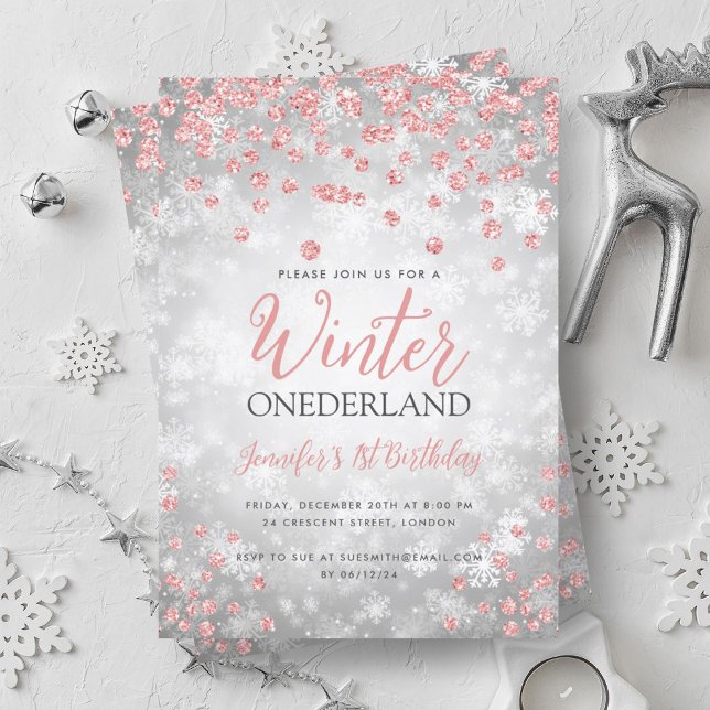 Invitation Silver Rose Gold Winter ONEDERLAND 1er anniversair (Silver Rose Gold Winter ONEDERLAND 1st Birthday Invitation)