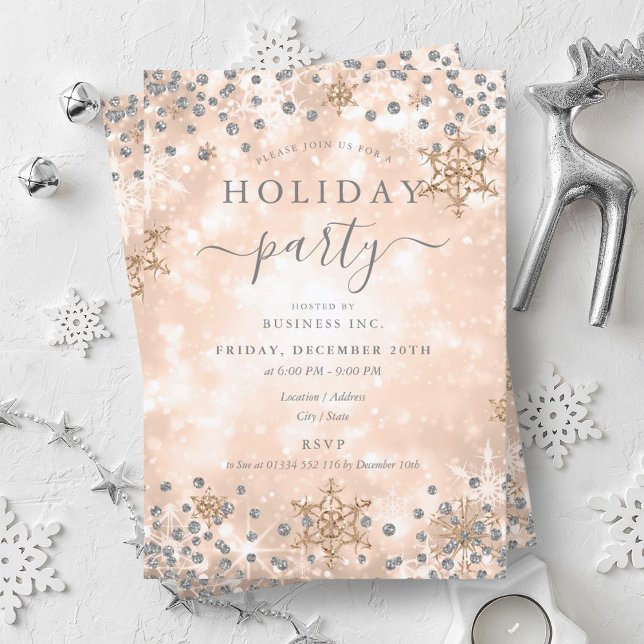 Invitation Silver Rose Gold Xmas Winter Company (Silver Rose Gold Xmas Winter Company Holiday Party Invitation)