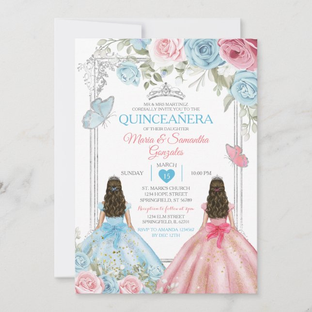 Invitation Silver rose & Pastel Blue Butterfly Quinceañera (Devant)
