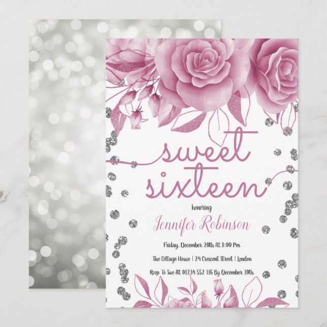 Invitation Silver Rose rose doux 16 | Lumières de Parties sci (Devant / Derrière)