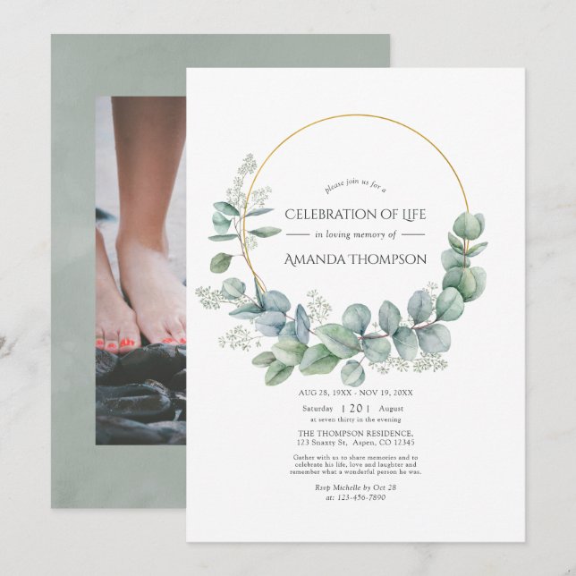 Invitation Silver Sage Eucalyptus Célébration de la vie Photo (Devant / Derrière)
