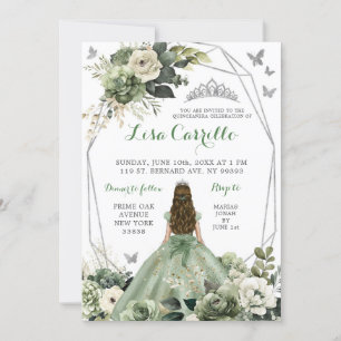 Invitation Silver Sage Green Princess Butterfly Quinceañera