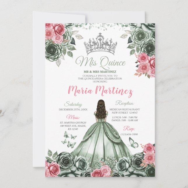 Invitation Silver Sage Vert et rose Princesse Mis Quince (Devant)