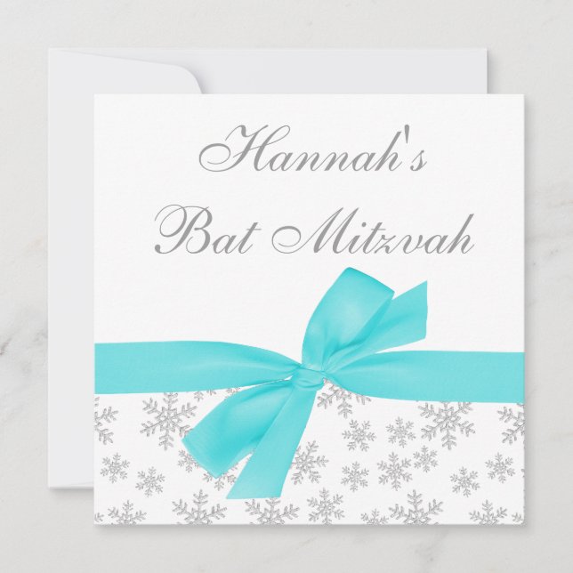 Invitation Silver Snowflakes Turquoise Bow Bat mitzvah (Devant)