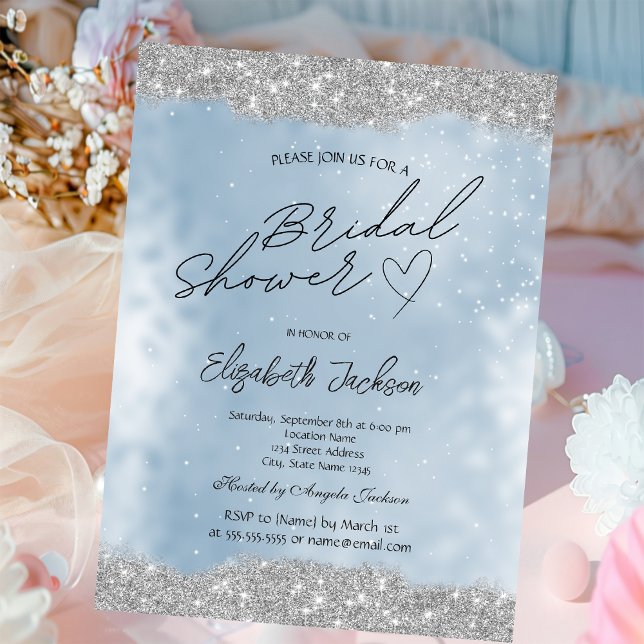 Invitation Silver Sparkle Glitter Blue Bridal Shower  (Créateur téléchargé)