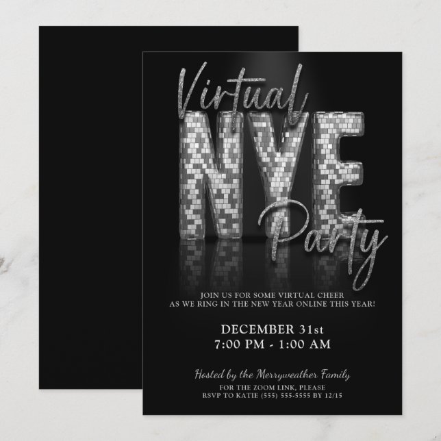 Invitation Silver Sparkle Virtual New Years Eve Party (Devant / Derrière)