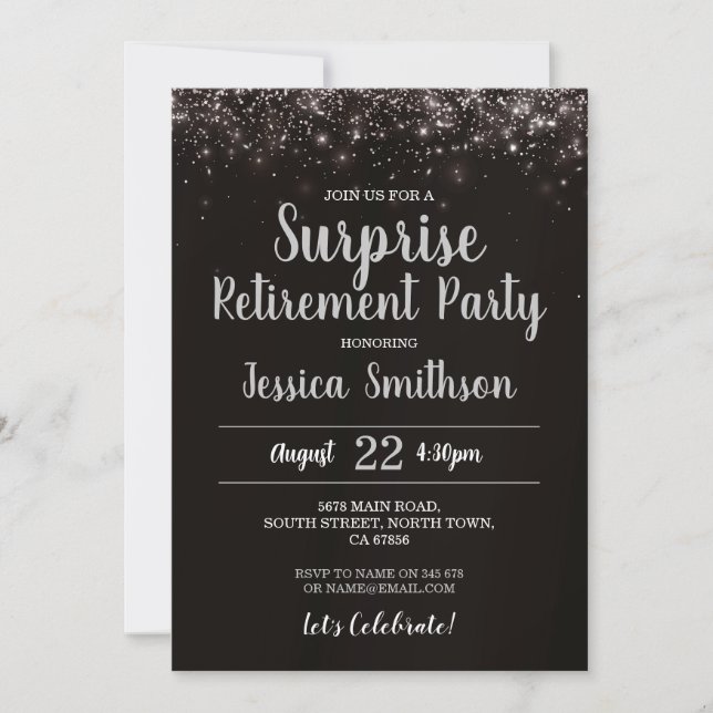Invitation Silver Surprise Retirement Glitter Party Black  (Devant)