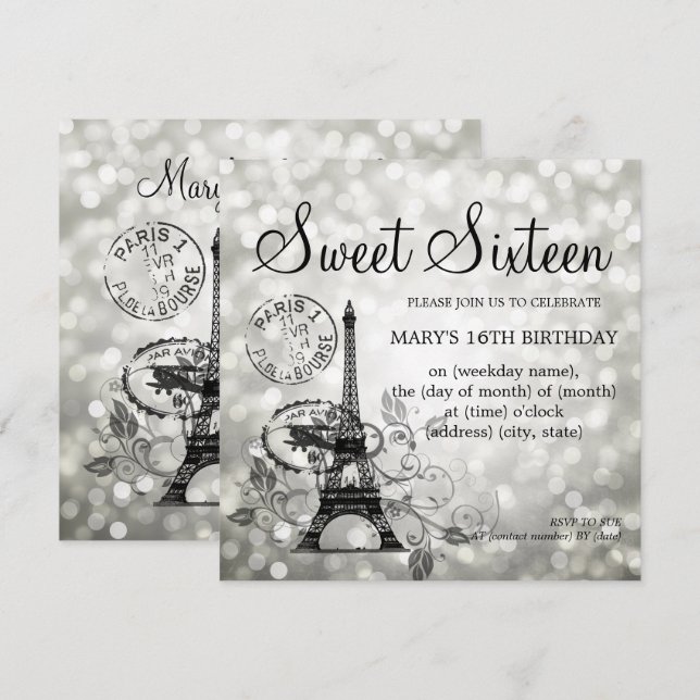 Invitation Silver Sweet sixteen Romantique Paris Glam (Devant / Derrière)