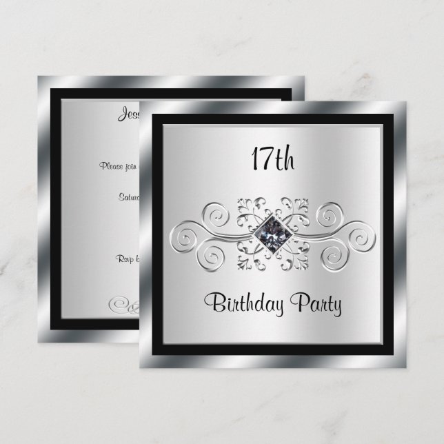 Invitation Silver Swirls & Diamond 17ème fête d'anniversaire (Devant / Derrière)