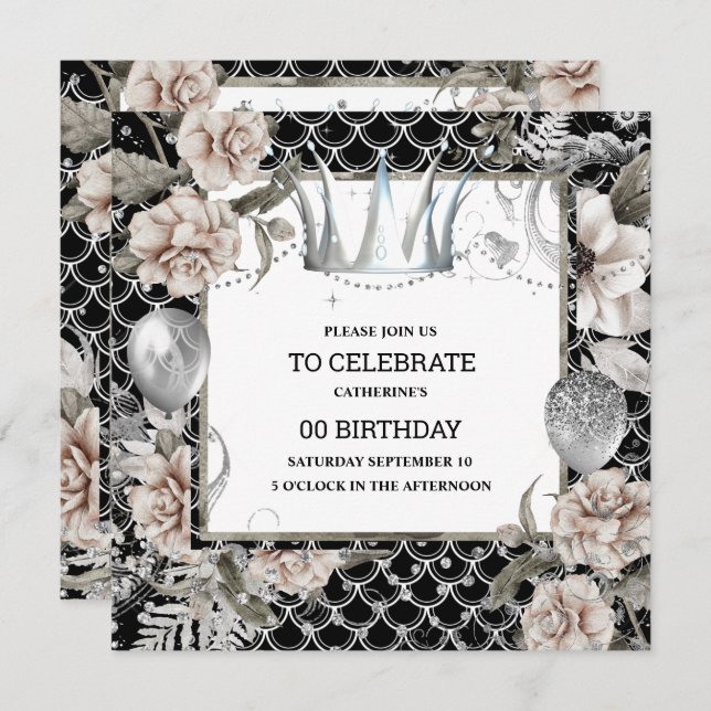 Invitation Silver tiara shabby chic pèse sirène florale (Devant / Derrière)