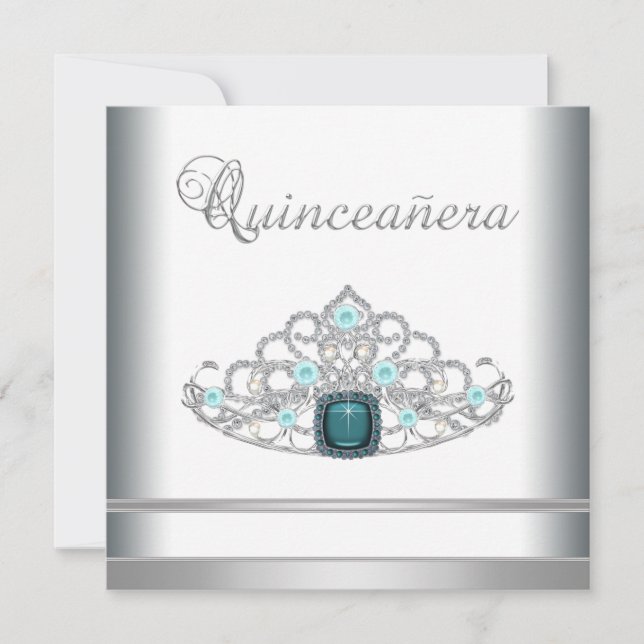 Invitation Silver Tiara Turquoise Blue Quinceanera (Devant)
