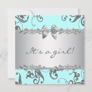 Invitation Silver Turquoise Blue Baby Girl Douche