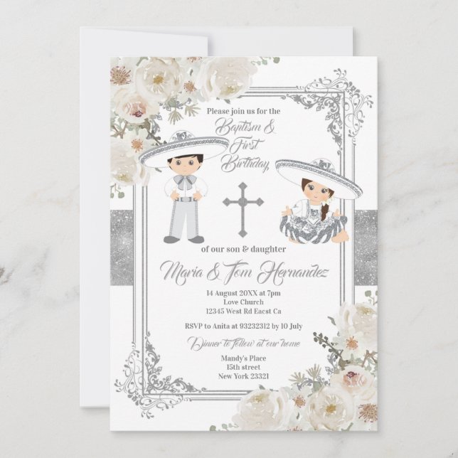Invitation Silver Twin Mexicain Baptême Anniversaire Floral (Devant)