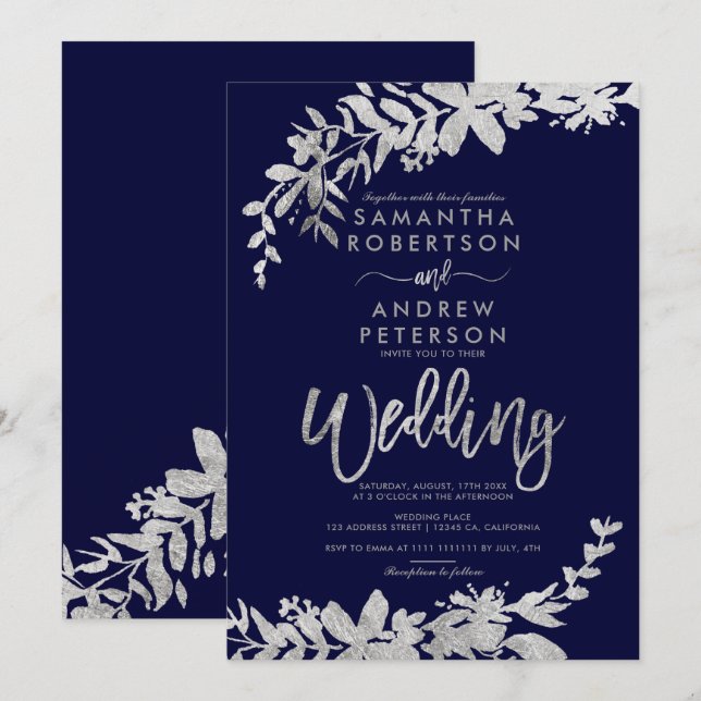 Invitation SIlver typographie floral marine bleu chic mariage (Devant / Derrière)