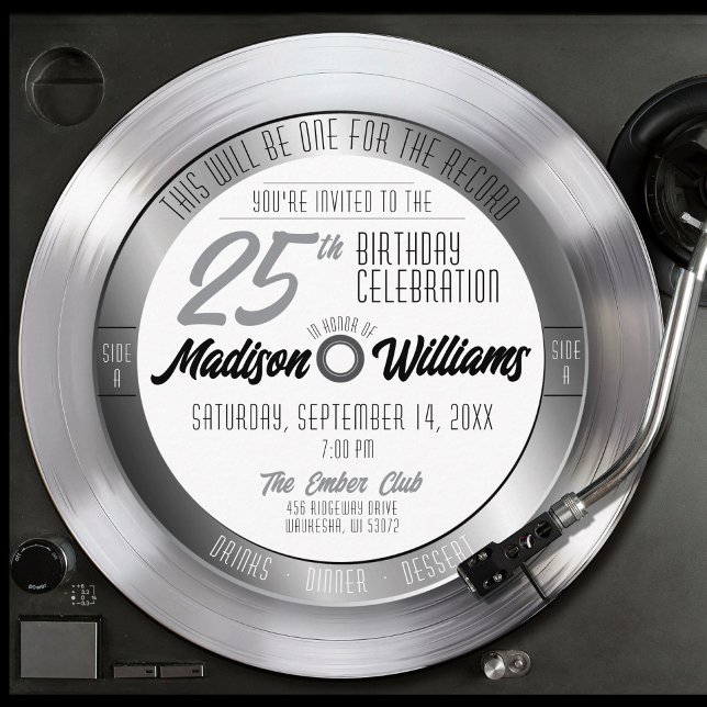 Invitation Silver Vinyl Record Retro 25e anniversaire fête (Retro silver vinyl record album unique round shape adult 25th birthday party invitation, black white)