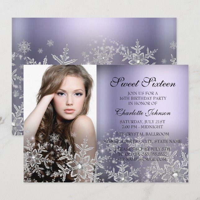 Invitation Silver Violet Étincelle Flocon de neige Sweet Phot (Devant / Derrière)